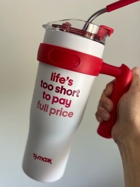 T.J.Maxx White Travel Tumbler with Red Handle and Graphics